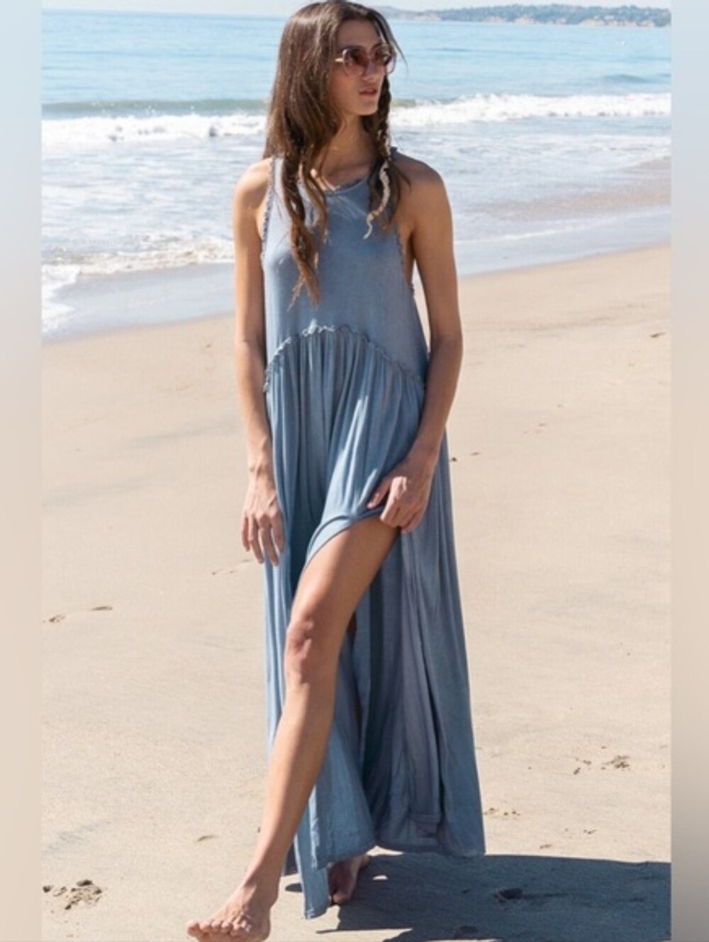 POL Stone Washed Grey Crochet Trim Double Front Slit Maxi Dress Size L